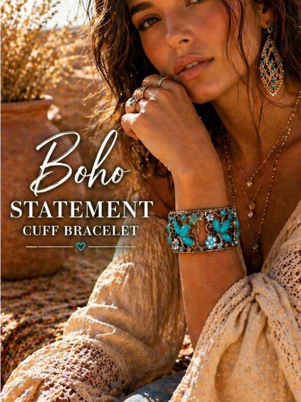 Boho Turquoise Statement Cuff Bracelet Floral Filigree Wide Bracelet Preloved